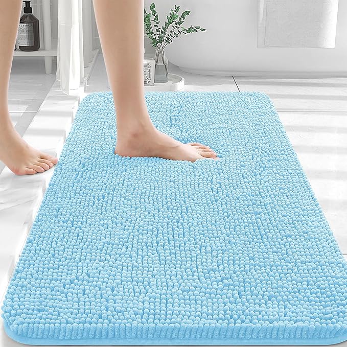 OLANLY Bathroom Rugs 36x24, Extra Soft Absorbent Chenille Bath Rugs, Rubber Backing Quick Dry, Machine Washable Bath Mats for Bathroom Floor, Tub and Shower, Home Decor Accessories, Sky Blue
