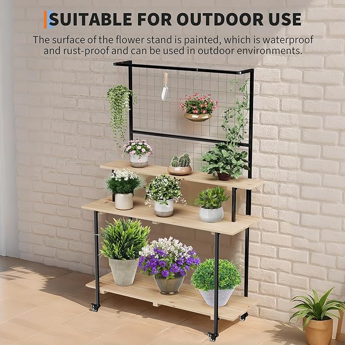 3 Tier Rolling Plant Stand with Lockable Wheels, Adjustable Height Wooden Flower Shelf Indoor Outdoor, 200LB Capacity, Multi Purpose Tall Plant Stand for Home Garden