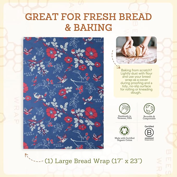 Bee's Wrap Beeswax Wraps for Food - Bread Wrap - Made in USA Reusable Bread Storage Bags - Organic & Eco-Friendly Alternative to Aluminum Foil, Sourdough Bags & Plastic Wrap, Botanical