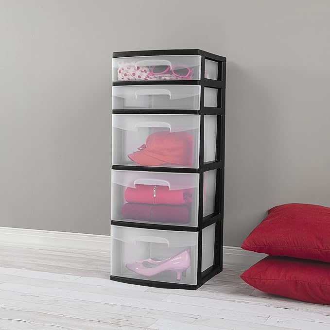 5-Tier Storage Drawer,with Both Shallow and Deep Clear Plastic Storage Organizer Drawer Tower，Suitable for Bedroom,Bathroom and Office Organization Black