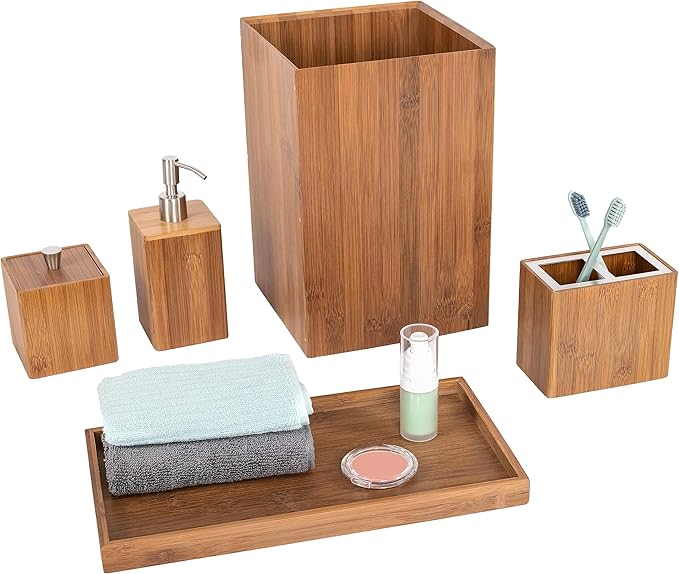Seville Classics Bamboo Eco-Conscious Bathroom Vanity Organizer Set Kitchen Home Over The Sink Trash Bin, Soap, Cotton Ball Holder, Towel Tray, 5 Piece, Bamboo