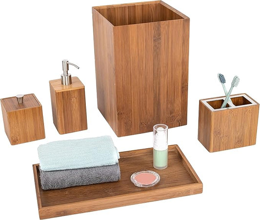 Seville Classics Bamboo Eco-Conscious Bathroom Vanity Organizer Set Kitchen Home Over The Sink Trash Bin, Soap, Cotton Ball Holder, Towel Tray, 5 Piece, Bamboo