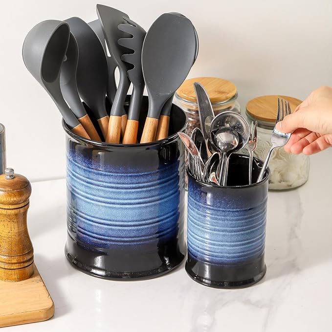 Nihow Utensil Holder: 7.2"+6.4" Ceramic Kitchen Utensil Holder for Countertop, Large Cooking Utensil Crocks for Kitchen Counter, Morden Utensil Organizer for Spatula, Set of 2, Elegant Blue & Black