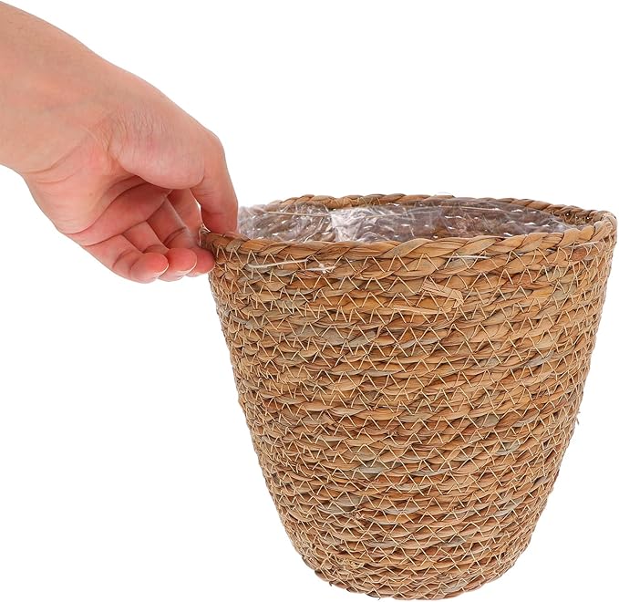 Veemoon 2Pcs Wicker Planter Basket, Rattan Grass Woven Flower Pot Seagrass Planter with Plastic Liner Farmhouse Storage Fruit Bowl Hyacinth Storage Baskets for Plant Flower Fruit Vegetable, 8.65inch H