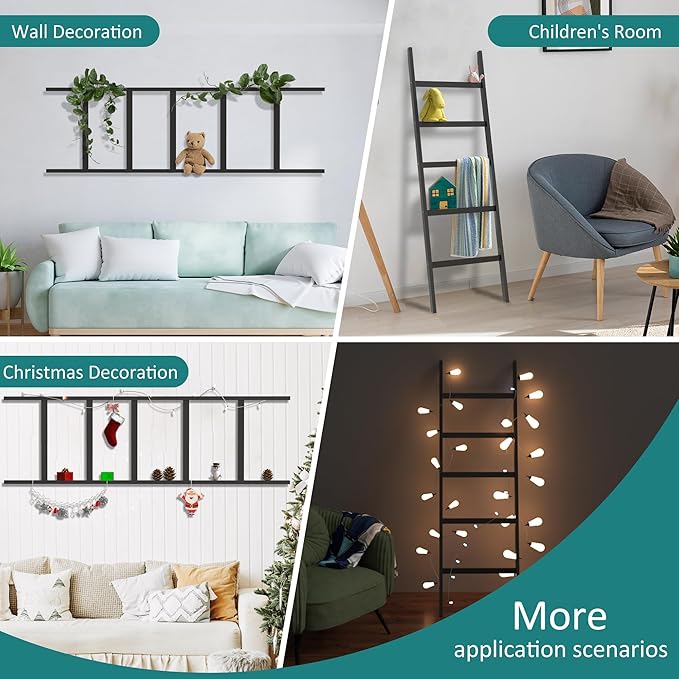 Blanket Ladder, Bamboo 5-Layer Towel Racks, Blanket Quilt Towel Holder Rack Decorative Ladder, Easy Assembly, Rustic Farmhouse Ladder Shelf for Living Room, Bedroom, Bathroom, Home Decor, Black