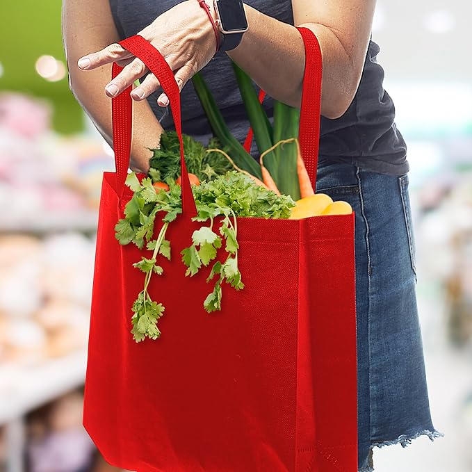 DISCOUNT PROMOS Jumbo Sized Tote Bags Set of 10, Bulk Pack - Reusable Grocery Bags, Shopping Bags, Promotional Item Totes for Women - Red