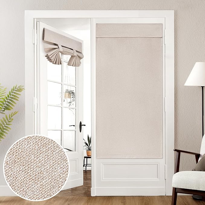 HOMEIDEAS 100% Natural Linen Blackout French Door Curtains, Privacy Door Window Curtains, 34 X 68 Inch Room Darkening Blinds, Thermal Insulated Shades for Bedroom, 1 Panel