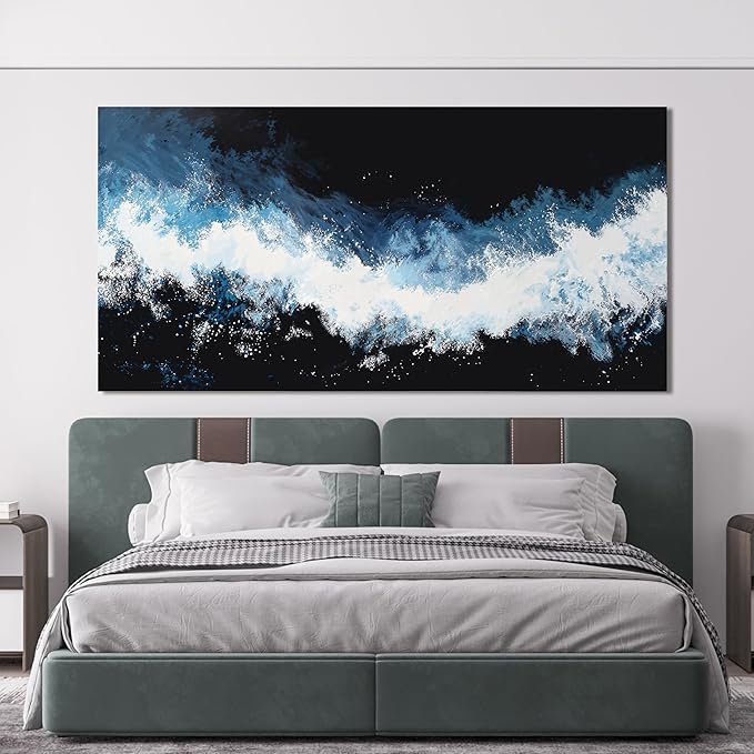 YISXINOAG Modern Abstract Wall Decor Canvas Wall Art Large Abstract Wall Art for Living Room Modern Home Decor Large Canvas Art Blue and White Wave Prints Home Artwork Ready to Hang Size 29"X58"