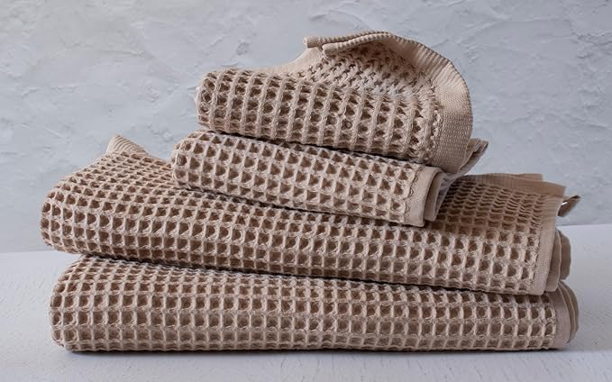 PÜSKÜL - Turkish Waffle Weave Towel Set - 100% Turkish Cotton Long-Staple Cotton, 4-Piece Bathroom Set (2 Bath, 2 Hand Towels) - Made in Turkey (Beige, Towel Set - 2 Hand & 2 Bath Towels)