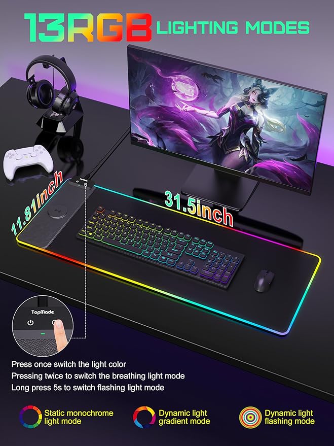 TopMade Mouse Pad with Wireless Charging, 31.5" x 11.81" Large Desk Mat RGB Gaming Mousepad, LED Desk Pad Keyboard Pad with Ultra-Smooth Surface & Non-Slip Rubber Base, Waterproof Desk Pad