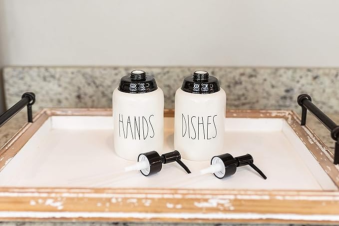 Modern Farmhouse Ceramic Dishes and Hands Soap Dispenser Set for Kitchen | Stainless Steel Pumps | 14oz, White Bottles | Kitchen Décor for Counter