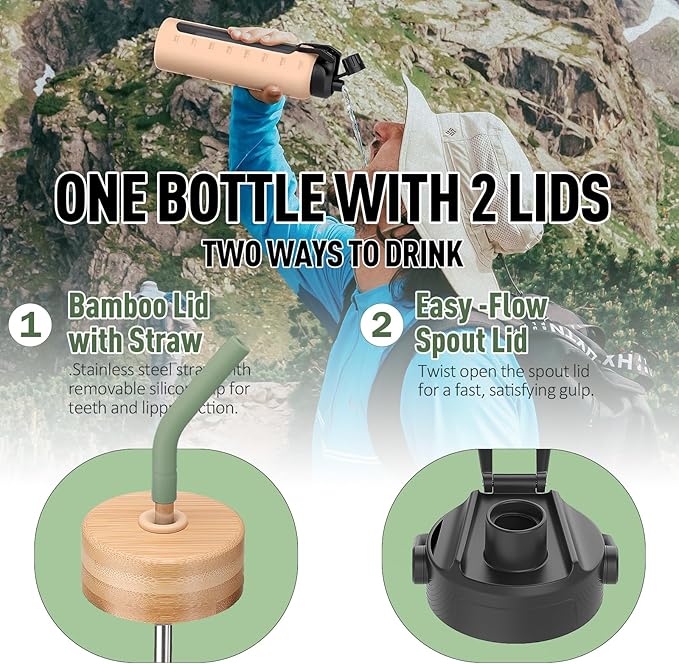 24oz Glass Water Bottle with Straw and 2 Lids-Bamboo and Spout Lid, Borosilicate Glass Water Bottle with Silicone Sleeve and Time Marker,BPA Free & Cupholder Friendly,Olive