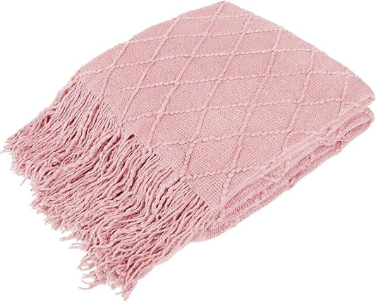 PAVILIA Light Pink Knit Throw Blanket for Couch Bed, Soft Knitted Farmhouse Sofa Throw for Living Room, Lightweight Decorative Summer Throw Blanket for Chair, Outdoor Textured Boho Blanket, 50x60