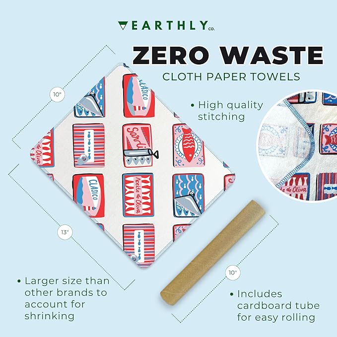 Reusable Paper Towels - 10 PACK - Roll of Washable Cotton Cloth Paper Towels - Paperless Reusable Napkins Cloth Washable - Absorbent + Long Lasting - Zero Waste Products - (Sardine Social)