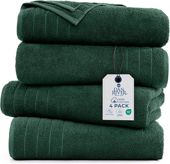 DAN RIVER Bath Towels Set of 4, 30 x 60 Inches, 100% Cotton, Larger & Lighter Weight, Quicker to Dry, Super Soft and Absorbent, Ideal Hotel Towels for Daily Use, Huntergreen