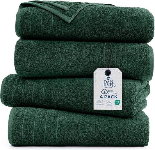 DAN RIVER Bath Towels Set of 4, 30 x 60 Inches, 100% Cotton, Larger & Lighter Weight, Quicker to Dry, Super Soft and Absorbent, Ideal Hotel Towels for Daily Use, Huntergreen
