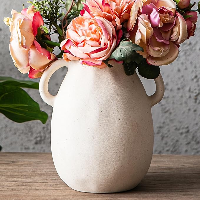 Kimdio White Ceramic Vase with 2 Handles – Sand-Glazed Clay Pottery Vase for Dried Flowers, Rustic Modern Table Decor, Farmhouse Boho Shelf Decoration
