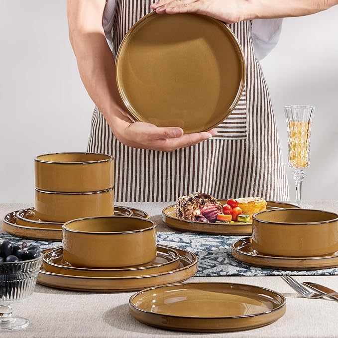 Herogo 12 Pieces Stoneware Dinnerware Set for 4, Ceramic Dinner Dishware Sets for Home Kitchen, Plates and Bowls with Rustic Terracotta Bottom, Dishwasher & Microwave Safe, Earthen Brown