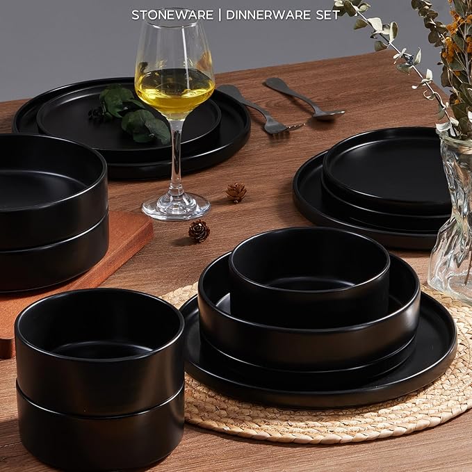 Onader Stoneware Dinnerware Set for 2 with Pasta Bowl, 8 Piece Plates and Bowls Dish Dinner Set, Microwave & Dishwasher Safe - Ebony Black
