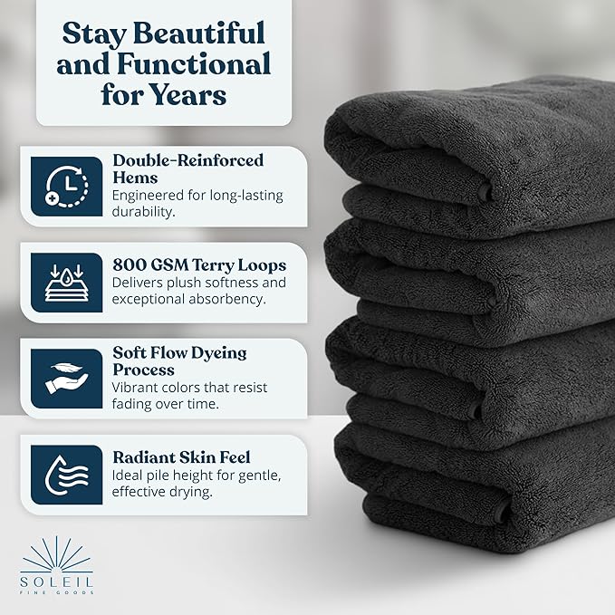 Soleil Fine Goods Luxurious 800 GSM 100% Cotton Bath Towel Set (4-Pack, 27x54) - Heavyweight & Ultra Absorbent, Plush Softness for Bathroom | Hotel & Spa Quality Luxury Towels- Charcoal