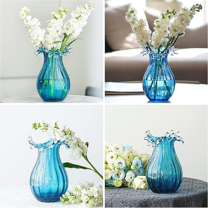 8inch Blown Glass Bubble Vase Collection Modern Art Flower Vase Decoration for Home Decor Living Room,Office,Centerpiece,Table and Wedding,Blue