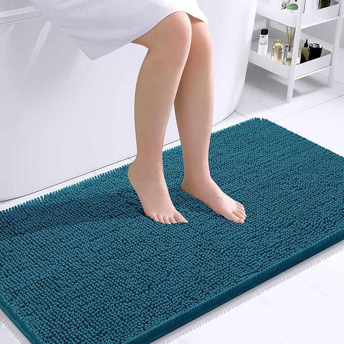 OLANLY Bathroom Rugs 44x24, Extra Soft Absorbent Chenille Bath Rugs, Rubber Backing Quick Dry, Machine Washable Bath Mats for Bathroom Floor, Tub and Shower, Home Decor Accessories, Peacock Blue