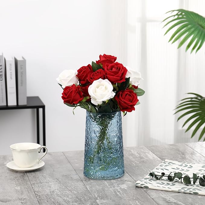 Blue Glass Vase, Flower Vases for Bouquet, Modern Glass Vase for Flowers, Large Vases for Living Room, Bedroom, Kitchen, Office, Wedding, Dining Table, 8 Inches