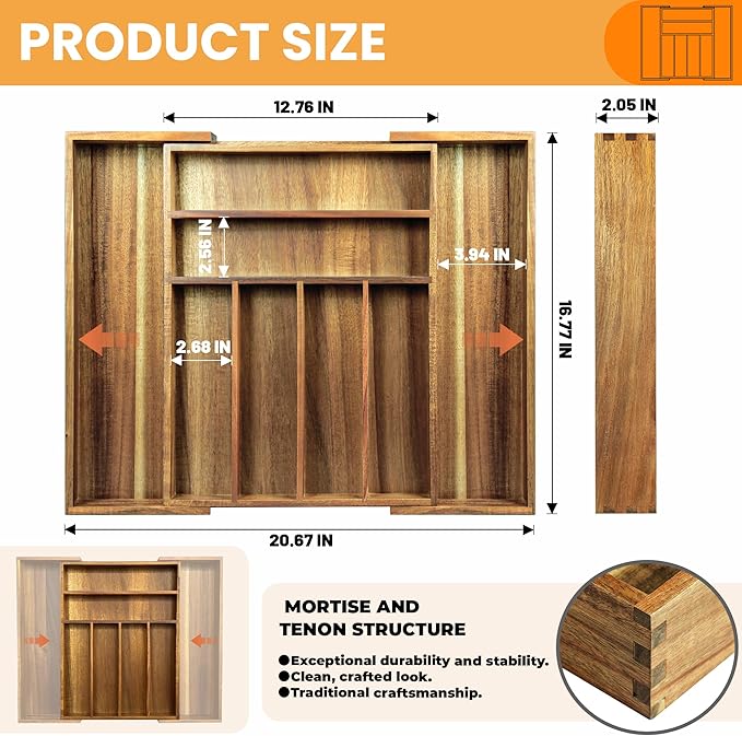 Acacia Wood Expandable Silverware Organizer, Kitchen Utensil Drawer Organizer for Forks & Spoons, 8-Compartment Cutlery Tray, Flatware Holder