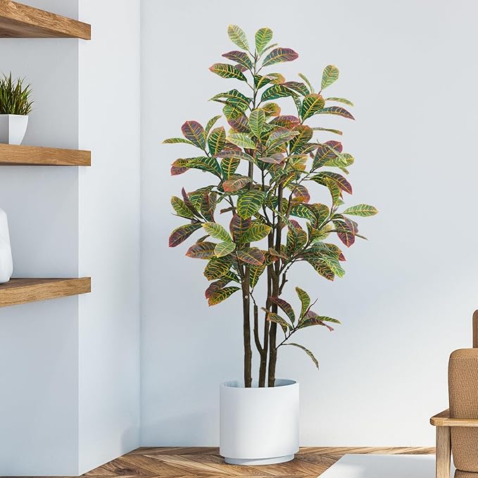 Faux Fiddle Leaf Fig Tree, 6ft Faux Plant Fake Ficus Silk Trees with White Planter, Artificial Fig Trees Floor Plants for House Office Living Room Indoor Home Decor (Golden Fiddle Leaf)