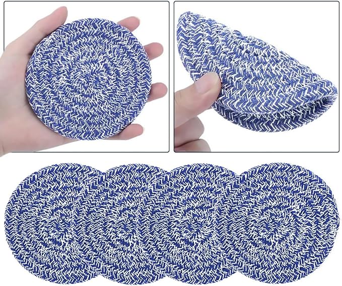 4 Pack Oval Woven Placemats, Mixed Blue Cotton Plate Chargers with 4 Pack Round Coasters, Thick Heat Insulation Mats Household Table Mats Braided Bowl Mats Fabric Rustic Placemats for Dining