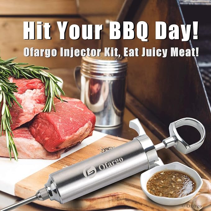 Ofargo Stainless Steel Meat Injector Syringe Kit with 4 Marinade Needles for BBQ Grill Smoker, Gifts for Men Dad Husband in Thanksgiving Christmas Day, 2-oz Large Capacity, Both Paper User Manual and E-Book Recipe
