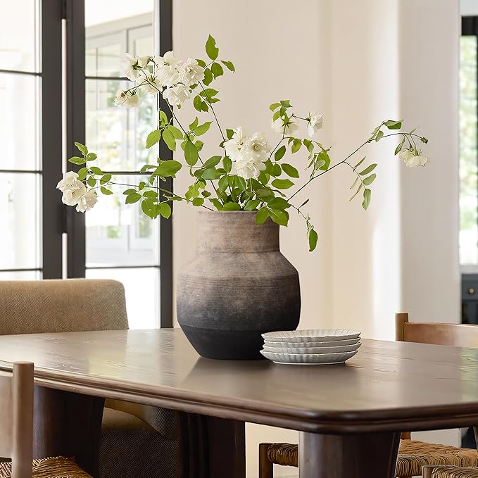 LuxenHome Round Ceramic Flower Vase, 13 Inch Brown Terracotta Vases, Vintage Large Pottery for Living Room Decor Entry Way Table Home Decor, Rustic Pottery