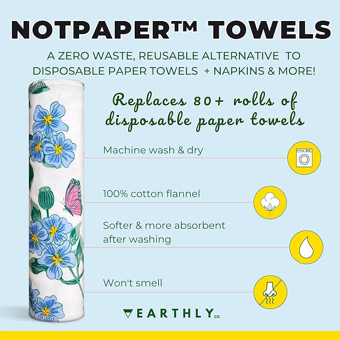 Reusable Paper Towels - 10 Pack - Roll of Washable Cotton Cloth Paper Towels - Paperless Reusable Napkins Cloth Washable - Absorbent + Long Lasting - Zero Waste Products - (Periwinkle)