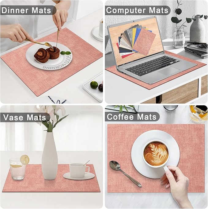 Homaxy Faux Leather Heat Resistant Placemats for Dining Table Set of 4, Waterproof Wipeable Washable PU Table Mats, Easy to Clean Anti-Slip Place Mats, 11.8" x 17", Pink
