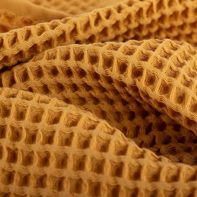 PÜSKÜL - Premium Waffle Towel Set 4 Pieces Mustard - Organic 100% Turkish Cotton Quick-Dry Towels for Bathroom Made in Turkiye (Mustrad Yellow, Towel Set - 2 Hand & 2 Bath Towels)