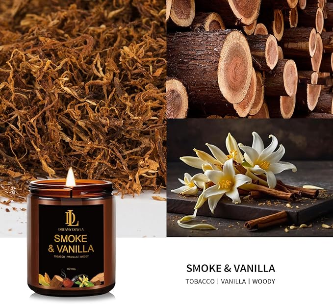 Smoke & Vanilla Candles, Smoke Vanilla Scented Candle, Natural Soy Candles for Home Scented, Long Lasting with 50 Hour Burn Time, Gifts for Men Women
