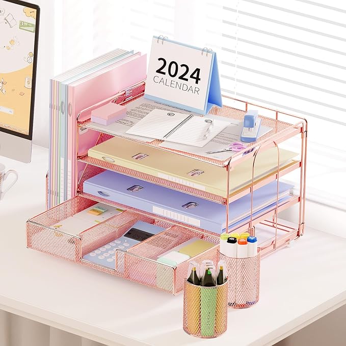 OPNICE Desk Organizer and Accessories, 4-Tier Desktop File Organizer with Drawer and 2 Pen Holders, Office Desk Accessories, File Sorters, Workspace Organizers for Office Supplies(Rose Gold)