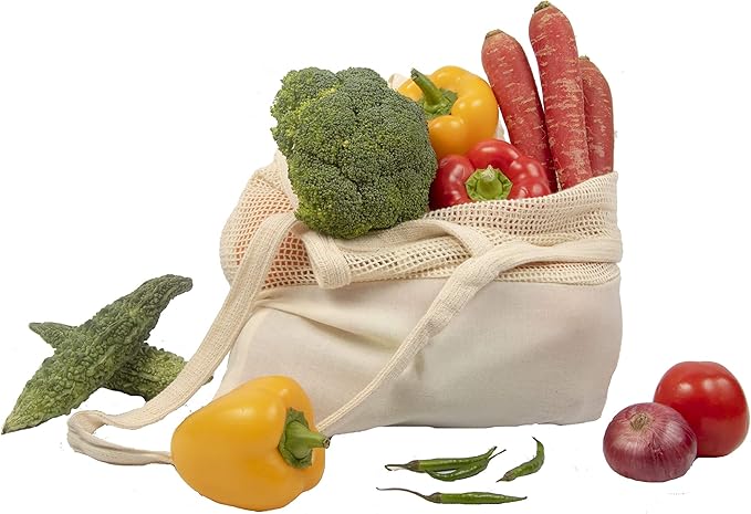 Reusable Grocery Bags - Organic Cotton Mesh Net Bag with Handles | Reinforced Bottom | Shopping, Groceries, Beach Tote, Produce Bag, Fruit & Vegetable Storage | Machine Washable, Eco Friendly (1 Bag)
