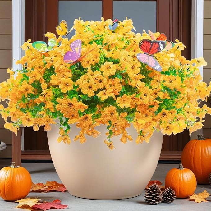 20 Bundles Artificial Flowers for Outdoors‌ with 6 Faux Butterflies, UV Resistant Fake Flowers‌ with Eucalyptus Leaves, Artificial Plants Outdoor‌ for Patio Garden Porch Home Decor (Yellow)
