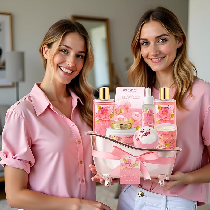 Rose & Jasmine Floral Luxury Bath & Body Gifts - Spa Basket with Body Lotion, Soy Candle - Home Bath Gift Set for Women