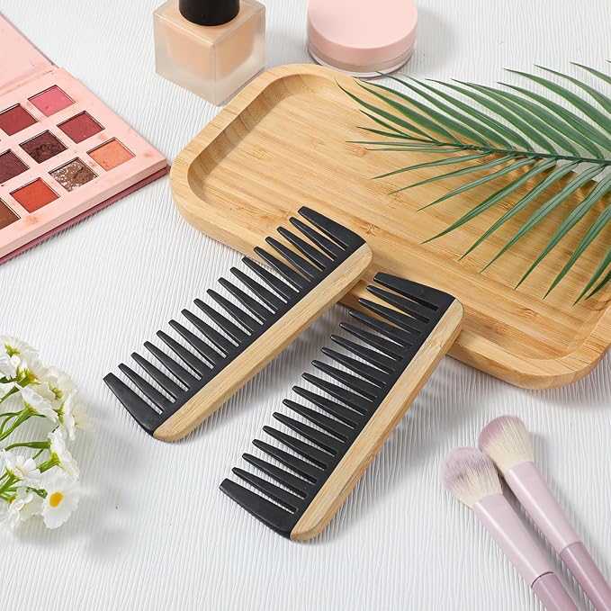 2 PCS Bamboo Wide Tooth Comb for Curly Hair, Anti-Static Wooden Detangling Comb for Curly Wet Thick Hair with Bakelite Teeth for Women Men