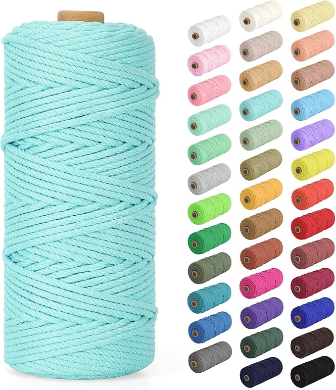 Macrame Cord 3mm x 109Yards (328Feet), Natural Cotton Macrame Rope - 4 Strands Twisted Macrame Cotton Cord for Wall Hanging, Plant Hangers, Crafts, Gift Wrapping and Wedding Decorations, Light Blue