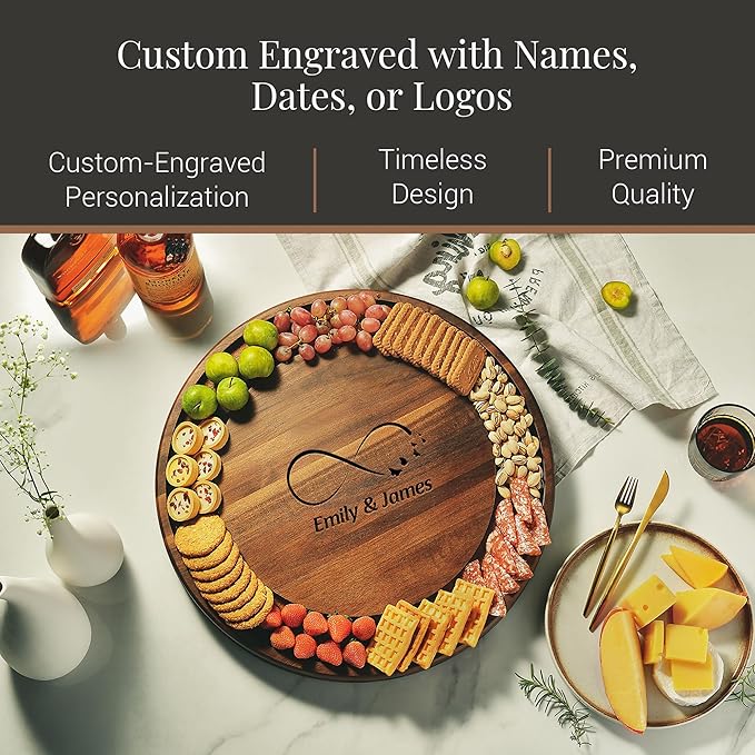 Shanik Acacia Wood Rotating Cheese Board – Round Lazy Susan Charcuterie Platter for Appetizers, Crackers, Meat, and Cheese Serving Tray