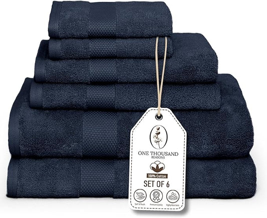 Premium Staple Cotton Bathroom Towel Set - Navy 600 GSM 6-Piece Luxury Bath Towel Set 1 Stripe - 2 Bath Towels, 2 Hand Towels & 2 Washclothes Set - High Absorbent & Quick Dry for Gym, Spa, Hotel