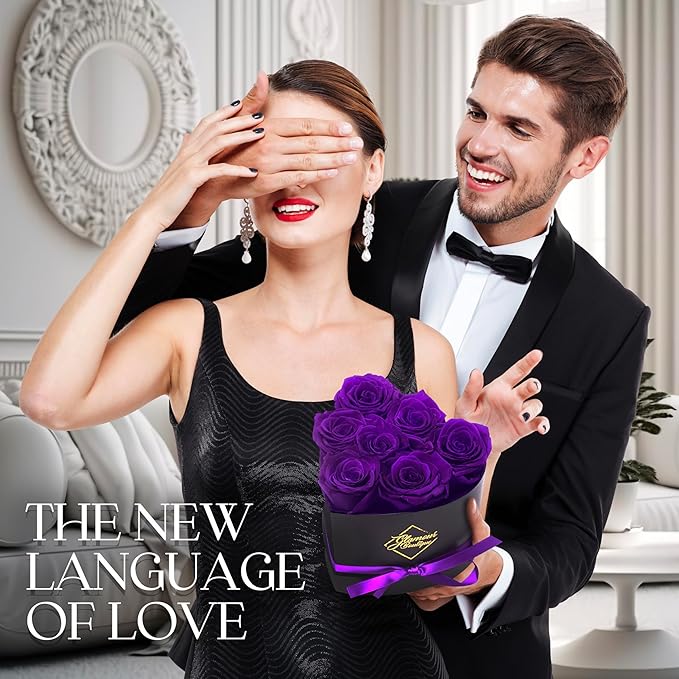 GLAMOUR BOUTIQUE 7 Flower Forever Heart Shape Box - Preserved Roses Gift for Her, Preserved Flowers, Purple
