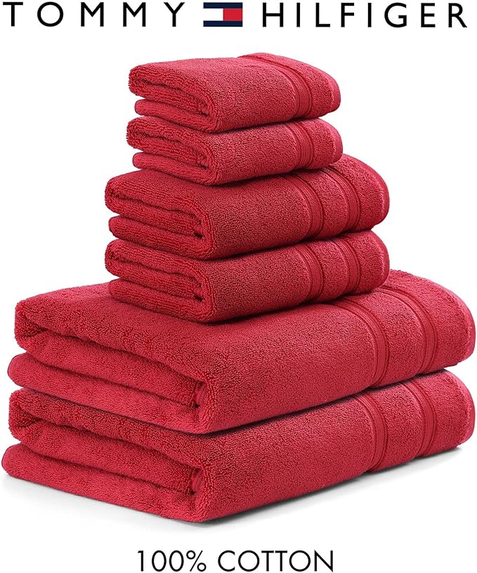 Tommy Hilfiger - Bath Towels, 100% Soft & Absorbent Plush Cotton with Zero Twist Constructions, Quick Dry and Medium Weight Bathroom Towels (Harborside Solid Red, 6 Piece)