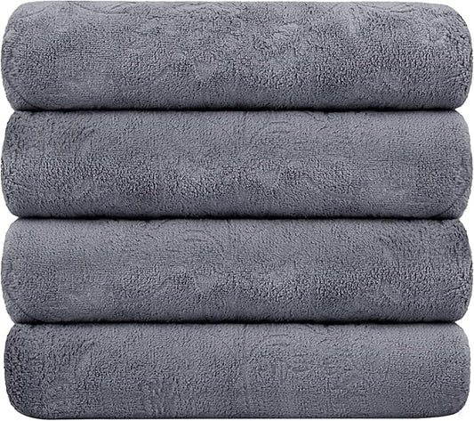 JML Bath Towels 4 Pack, Oversized Microfiber Bath Towels for Adult Men Women, 30" x 60", Large, Soft and Super Absorption Multipurpose for Bath, Beach, Pool, Sport - Grey Floral Pattern