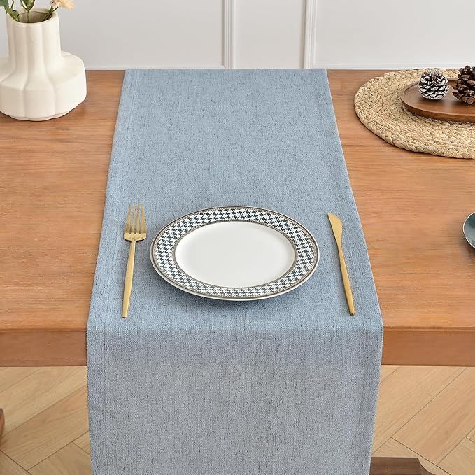 Wracra Linen Style Table Runner, Rustic Farmhouse Chambray Dusty Blue Table Runners 48 Inches Long, Handcrafted Table Runner for Fall, Winter - Everyday Use and Machine Washable