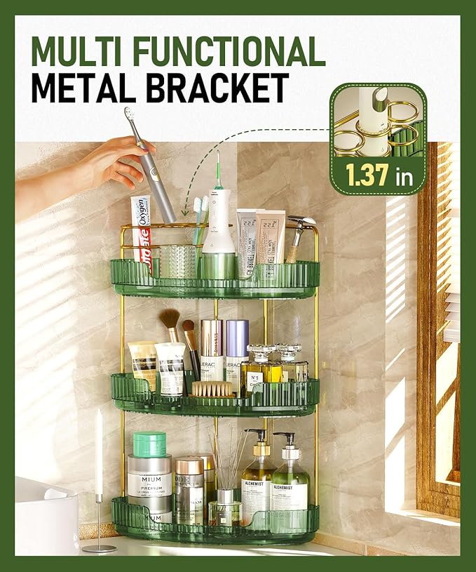 3-Tier Corner Bathroom Counter Organizer Makeup Cosmetic Storage, Tool-Free Installation Acrylic Vanity Shelf, Skin Care Organizer Perfume Tray for Countertop Bathroom, Dresser, Kitchen (Green)