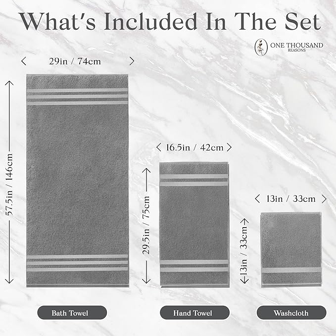 Premium Staple Cotton Bathroom Towel Set - Gray 600 GSM 6-Piece Luxury Bath Towel Set 3 Stripe - 2 Bath Towels, 2 Hand Towels & 2 Washclothes Set - High Absorbent & Quick Dry for Gym, Spa, Hotel